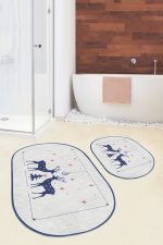 - RealHomes - Realhomes  Yılbaşı Temalı Lacivert Geyik Motifli Dijital Baskılı 2'li Oval Kaymaz Tabanlı Banyo & Mutfak Paspas Takımı Realhomes