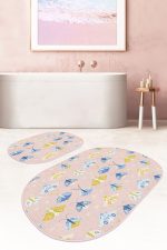 - RealHomes - Realhomes  Pembe Zemin Mavi Kelebek Tasarımlı 2'li Oval Kaymaz Tabanlı Banyo & Mutfak Paspas Takımı Realhomes