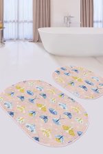 - RealHomes - Realhomes  Pembe Zemin Mavi Kelebek Tasarımlı 2'li Oval Kaymaz Tabanlı Banyo & Mutfak Paspas Takımı Realhomes