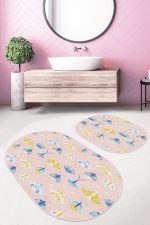 - RealHomes - Realhomes  Pembe Zemin Mavi Kelebek Tasarımlı 2'li Oval Kaymaz Tabanlı Banyo & Mutfak Paspas Takımı Realhomes