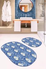 - RealHomes - Realhomes  Mavi Çini Çizimli Kelebek Özel Tasarım Dijital Baskılı 2'li Oval Kaymaz Tabanlı Banyo & Mutfak Paspas Takımı Realhomes