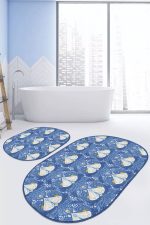 - RealHomes - Realhomes  Mavi Çini Çizimli Kelebek Özel Tasarım Dijital Baskılı 2'li Oval Kaymaz Tabanlı Banyo & Mutfak Paspas Takımı Realhomes