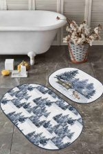 - RealHomes - Realhomes  Kış Temalı Çam Ağaçları Dijital Baskılı 2'li Oval Kaymaz Tabanlı Banyo & Mutfak Paspas Takımı Realhomes