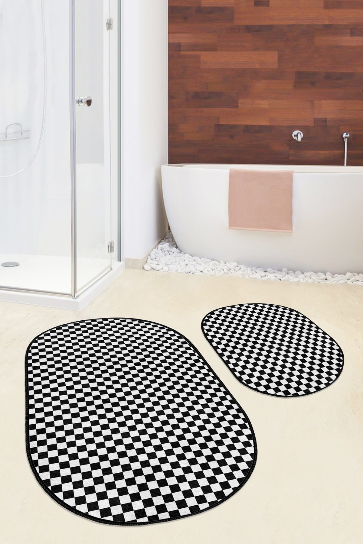 Siyah Beyaz Dama Tasarımlı Dijital Baskılı 2'li Oval Kaymaz Tabanlı Banyo & Mutfak Paspas Takımı Realhomes