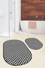 - RealHomes - Realhomes  Siyah Beyaz Dama Tasarımlı Dijital Baskılı 2'li Oval Kaymaz Tabanlı Banyo & Mutfak Paspas Takımı Realhomes