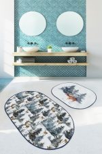 - RealHomes - Realhomes  Yılbaşı Temalı Çam Ağaçları Geyik Tasarımlı 2'li Oval Kaymaz Tabanlı Banyo & Mutfak Paspas Takımı Realhomes