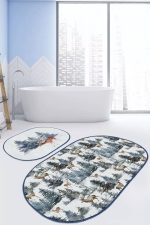 - RealHomes - Realhomes  Yılbaşı Temalı Çam Ağaçları Geyik Tasarımlı 2'li Oval Kaymaz Tabanlı Banyo & Mutfak Paspas Takımı Realhomes