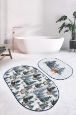 - RealHomes - Realhomes  Yılbaşı Temalı Çam Ağaçları Geyik Tasarımlı 2'li Oval Kaymaz Tabanlı Banyo & Mutfak Paspas Takımı Realhomes