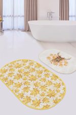 Gold Detaylı Sonbahar Yaprakları Dijital Baskılı 2'li Oval Kaymaz Tabanlı Banyo & Mutfak Paspas Takımı Realhomes