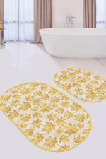 - RealHomes - Realhomes  Gold Yapraklar Özel Tasarım Dijital Baskılı 2'li Oval Kaymaz Tabanlı Banyo & Mutfak Paspas Takımı Realhomes