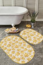 - RealHomes - Realhomes  Gold Yapraklar Özel Tasarım Dijital Baskılı 2'li Oval Kaymaz Tabanlı Banyo & Mutfak Paspas Takımı Realhomes