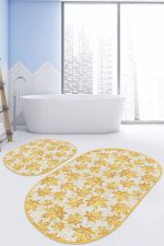 - RealHomes - Realhomes  Gold Yapraklar Özel Tasarım Dijital Baskılı 2'li Oval Kaymaz Tabanlı Banyo & Mutfak Paspas Takımı Realhomes