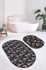 - RealHomes - Realhomes  Siyah Zemin Çapa Dümen Özel Tasarımlı 2'li Oval Kaymaz Tabanlı Banyo & Mutfak Paspas Takımı Realhomes