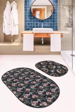 - RealHomes - Realhomes  Siyah Zemin Çapa Dümen Özel Tasarımlı 2'li Oval Kaymaz Tabanlı Banyo & Mutfak Paspas Takımı Realhomes