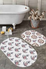 - RealHomes - Realhomes  Beyaz Zemin Dümen Çapa Dijital Baskılı 2'li Oval Kaymaz Tabanlı Banyo & Mutfak Paspas Takımı Realhomes