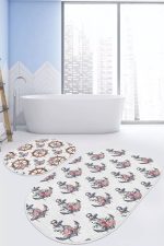 - RealHomes - Realhomes  Beyaz Zemin Dümen Çapa Dijital Baskılı 2'li Oval Kaymaz Tabanlı Banyo & Mutfak Paspas Takımı Realhomes