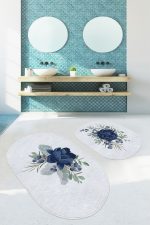 - RealHomes - Realhomes  Lacivert Gül Tasarımlı Dijital Baskılı 2'li Oval Kaymaz Tabanlı Banyo & Mutfak Paspas Takımı Realhomes