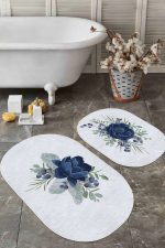 - RealHomes - Realhomes  Lacivert Gül Tasarımlı Dijital Baskılı 2'li Oval Kaymaz Tabanlı Banyo & Mutfak Paspas Takımı Realhomes