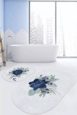 - RealHomes - Realhomes  Lacivert Gül Tasarımlı Dijital Baskılı 2'li Oval Kaymaz Tabanlı Banyo & Mutfak Paspas Takımı Realhomes