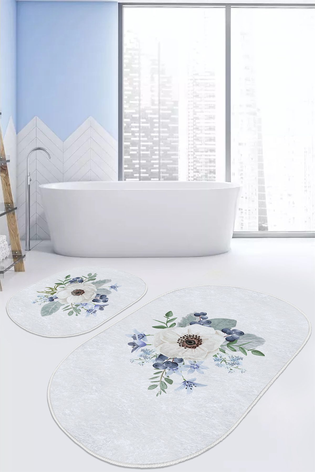 Beyaz Gül Tasarımlı Dijital Baskılı 2'li Oval Kaymaz Tabanlı Banyo & Mutfak Paspas Takımı Realhomes