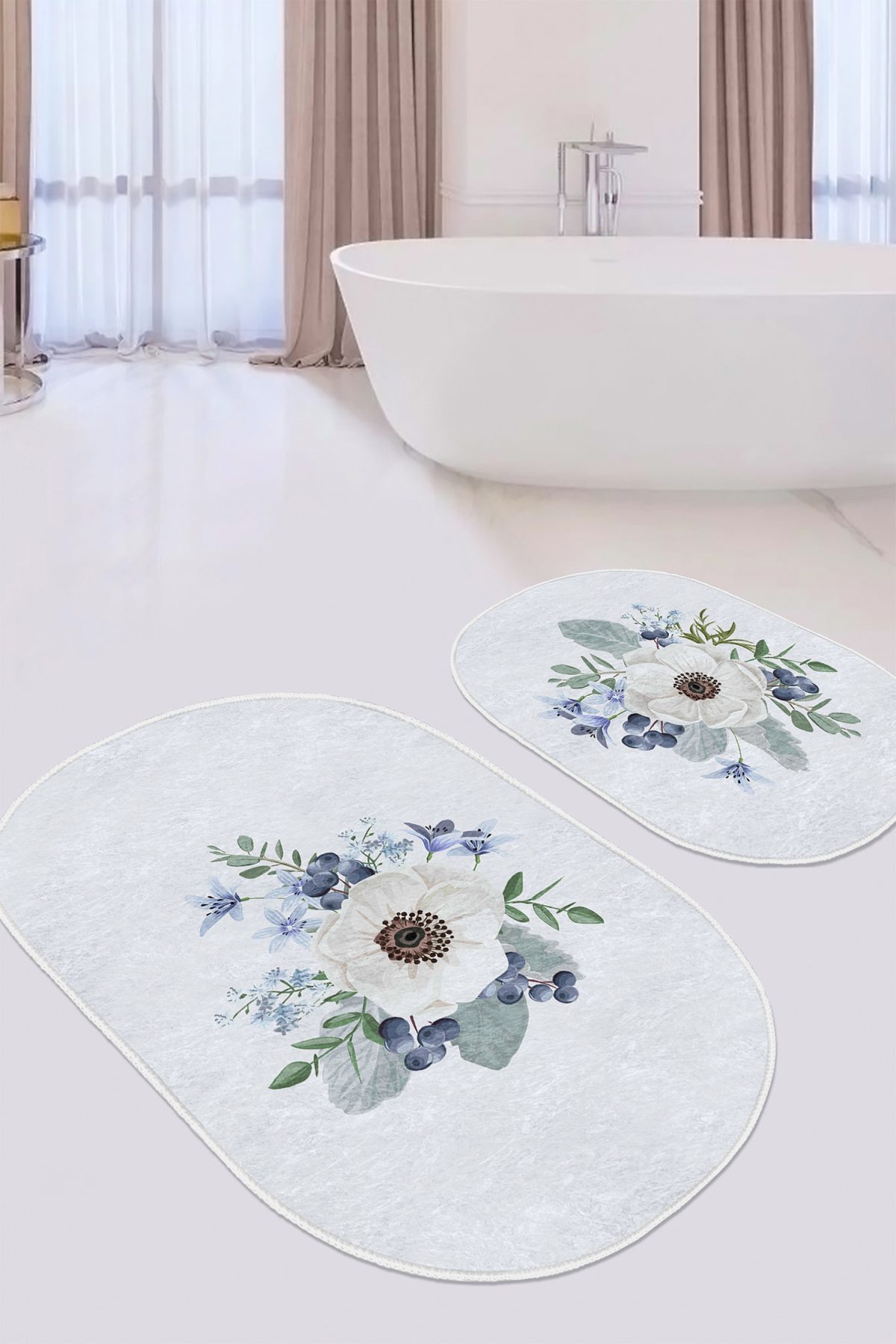 Beyaz Gül Tasarımlı Dijital Baskılı 2'li Oval Kaymaz Tabanlı Banyo & Mutfak Paspas Takımı Realhomes