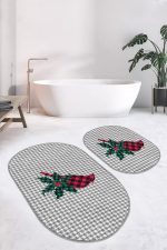 - RealHomes - Realhomes  Kazayağı Desen Dijital Baskılı Özel Tasarımlı 2'li Oval Kaymaz Tabanlı Banyo & Mutfak Paspas Takımı Realhomes