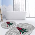 Gri Mermer Motifli Ebru Desenli Dijital Baskılı 2'li Oval Kaymaz Tabanlı Banyo & Mutfak Paspas Takımı Realhomes