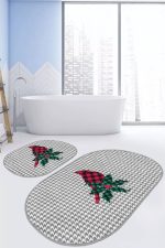 - RealHomes - Realhomes  Kazayağı Desen Dijital Baskılı Özel Tasarımlı 2'li Oval Kaymaz Tabanlı Banyo & Mutfak Paspas Takımı Realhomes