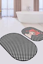 - RealHomes - Realhomes  Siyah Beyaz Dama Zemin Öpücük Atan Kız 2'li Oval Kaymaz Tabanlı Banyo & Mutfak Paspas Takımı Realhomes