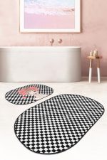 - RealHomes - Realhomes  Siyah Beyaz Dama Zemin Öpücük Atan Kız 2'li Oval Kaymaz Tabanlı Banyo & Mutfak Paspas Takımı Realhomes