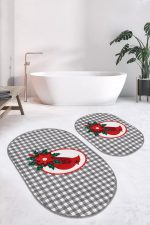 - RealHomes - Realhomes  Gri Ekose Zeminli Kırmızı Kuş Motifli 2'li Oval Kaymaz Tabanlı Banyo & Mutfak Paspas Takımı Realhomes
