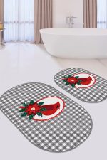 - RealHomes - Realhomes  Gri Ekose Zeminli Kırmızı Kuş Motifli 2'li Oval Kaymaz Tabanlı Banyo & Mutfak Paspas Takımı Realhomes