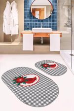 - RealHomes - Realhomes  Gri Ekose Zeminli Kırmızı Kuş Motifli 2'li Oval Kaymaz Tabanlı Banyo & Mutfak Paspas Takımı Realhomes
