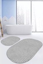 - RealHomes - Realhomes  Gri Kazayağı Desenli Dijital Baskılı 2'li Oval Kaymaz Tabanlı Banyo & Mutfak Paspas Takımı Realhomes