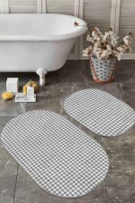 - RealHomes - Realhomes  Gri Kazayağı Desenli Dijital Baskılı 2'li Oval Kaymaz Tabanlı Banyo & Mutfak Paspas Takımı Realhomes