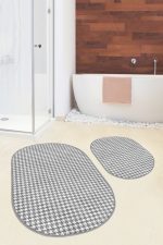 - RealHomes - Realhomes  Gri Kazayağı Desenli Dijital Baskılı 2'li Oval Kaymaz Tabanlı Banyo & Mutfak Paspas Takımı Realhomes