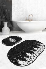 - RealHomes - Realhomes  Siyah Beyaz Çam Ağacı Kozalak Tasarımlı 2'li Oval Kaymaz Tabanlı Banyo & Mutfak Paspas Takımı Realhomes