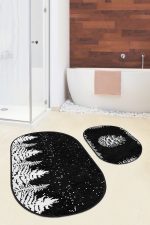 - RealHomes - Realhomes  Siyah Beyaz Çam Ağacı Kozalak Tasarımlı 2'li Oval Kaymaz Tabanlı Banyo & Mutfak Paspas Takımı Realhomes
