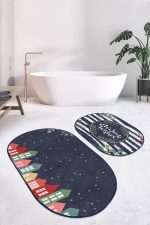 - RealHomes - Realhomes Lacivert Zeminli Renkli Evler Özel Tasarım 2'li Oval Kaymaz Tabanlı Banyo & Mutfak Paspas Takımı Realhomes