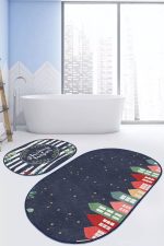 - RealHomes - Realhomes Lacivert Zeminli Renkli Evler Özel Tasarım 2'li Oval Kaymaz Tabanlı Banyo & Mutfak Paspas Takımı Realhomes