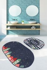 - RealHomes - Realhomes Lacivert Zeminli Renkli Evler Özel Tasarım 2'li Oval Kaymaz Tabanlı Banyo & Mutfak Paspas Takımı Realhomes