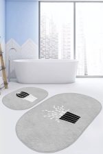 - RealHomes - Realhomes  Gri Zemin Saksılı Kaktüs Motifli 2'li Oval Kaymaz Tabanlı Banyo & Mutfak Paspas Takımı Realhomes