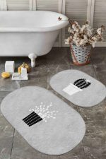 - RealHomes - Realhomes  Gri Zemin Saksılı Kaktüs Motifli 2'li Oval Kaymaz Tabanlı Banyo & Mutfak Paspas Takımı Realhomes