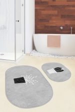 - RealHomes - Realhomes  Gri Zemin Saksılı Kaktüs Motifli 2'li Oval Kaymaz Tabanlı Banyo & Mutfak Paspas Takımı Realhomes