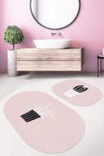 - RealHomes - Realhomes Pembe Zemin Saksılı Kaktüs Dijital Baskılı 2'li Oval Kaymaz Tabanlı Banyo & Mutfak Paspas Takımı Realhomes