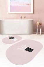 - RealHomes - Realhomes Pembe Zemin Saksılı Kaktüs Dijital Baskılı 2'li Oval Kaymaz Tabanlı Banyo & Mutfak Paspas Takımı Realhomes