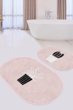 - RealHomes - Realhomes Pembe Zemin Saksılı Kaktüs Dijital Baskılı 2'li Oval Kaymaz Tabanlı Banyo & Mutfak Paspas Takımı Realhomes