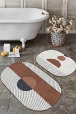 - RealHomes - Realhomes  Onedraw Temalı Dijital Baskılı Özel Tasarım 2'li Oval Kaymaz Tabanlı Banyo & Mutfak Paspas Takımı Realhomes