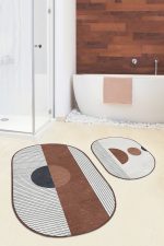 - RealHomes - Realhomes  Onedraw Temalı Dijital Baskılı Özel Tasarım 2'li Oval Kaymaz Tabanlı Banyo & Mutfak Paspas Takımı Realhomes