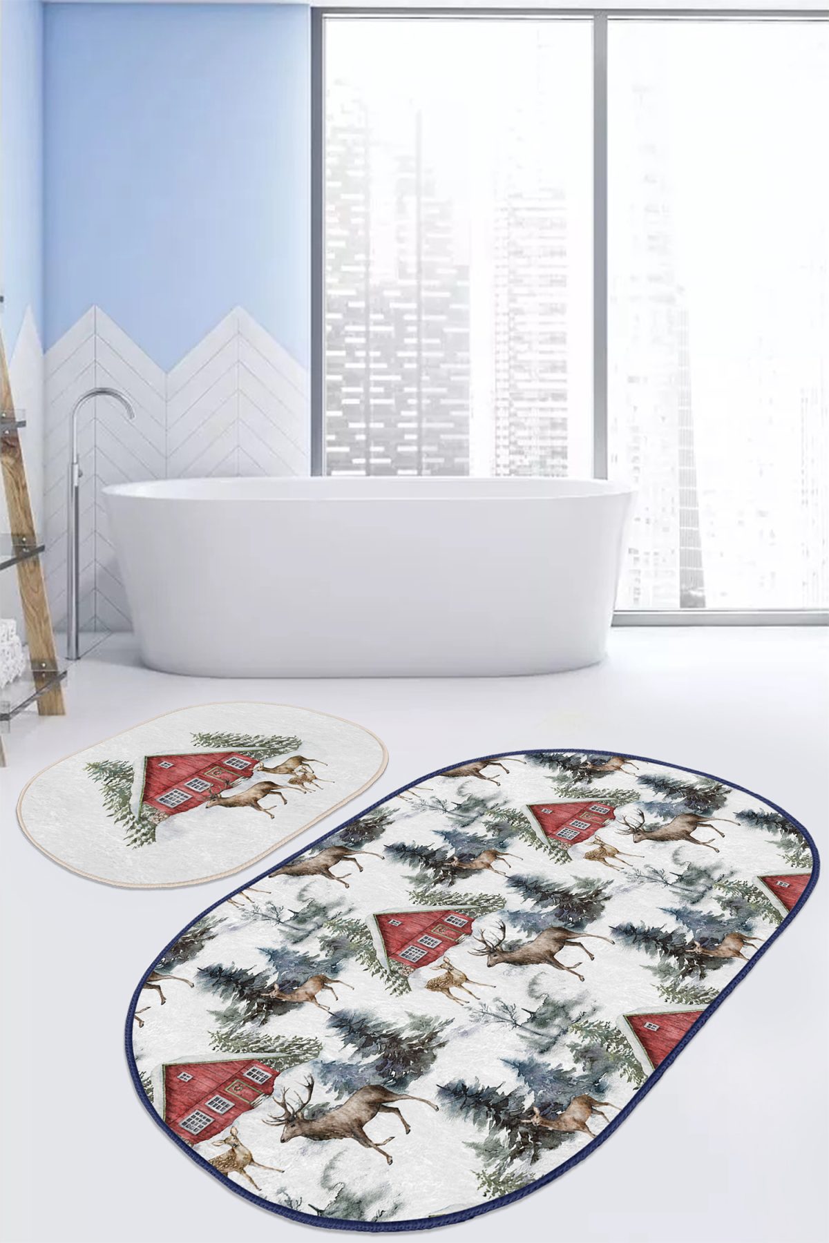 Kırmızı Bağ Evi Tasarımlı Kış Temalı Geyikler 2'li Oval Kaymaz Tabanlı Banyo & Mutfak Paspas Takımı Realhomes
